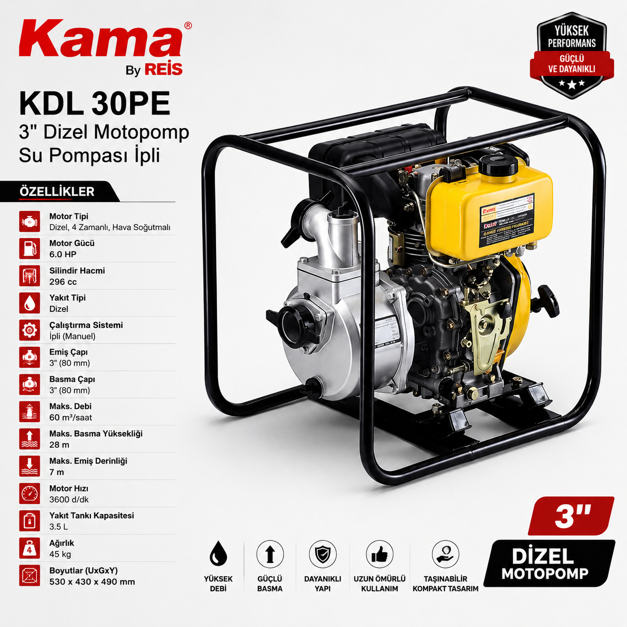 Kama By Reis KDL 30PE 3'' Dizel Motopomp Su Pompası İpli